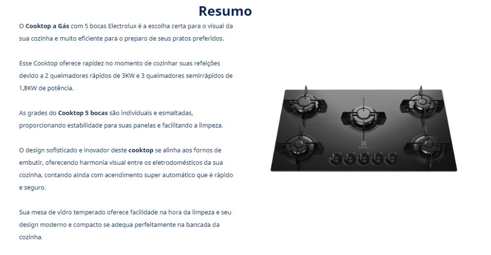 Cooktop à Gás Electrolux 5 Bocas KE5GP Vidro Preto Unilar Lojas Unilar